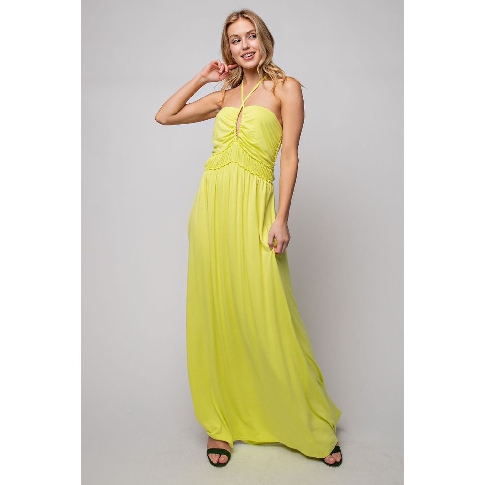 EASEL Neon Yellow Halter Neck Maxi Dress Smocked Open Back‎ SMALL